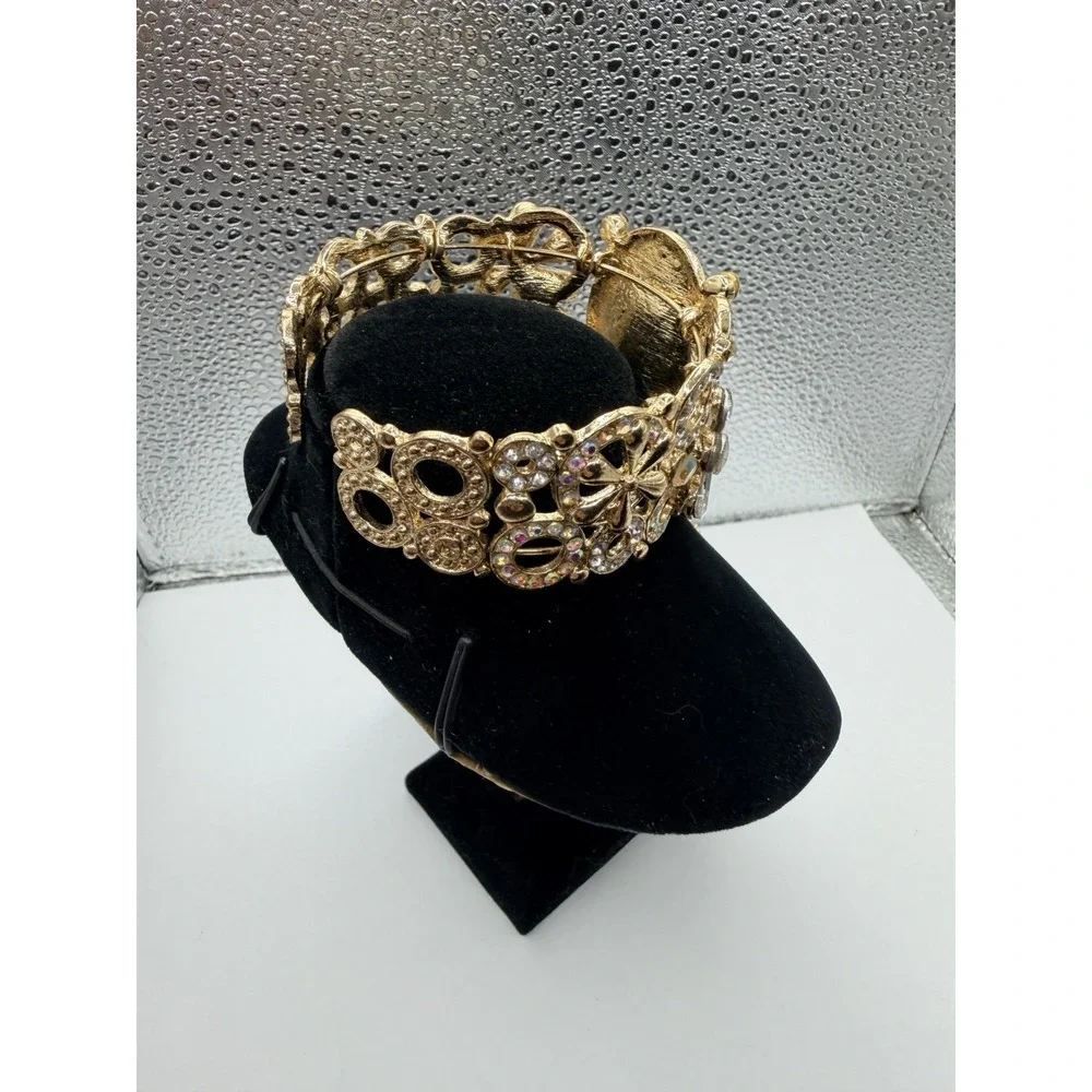 Gold Tone Crystal Oval Stretch Bracelet w Ring sparkling floral rhinestone Prom